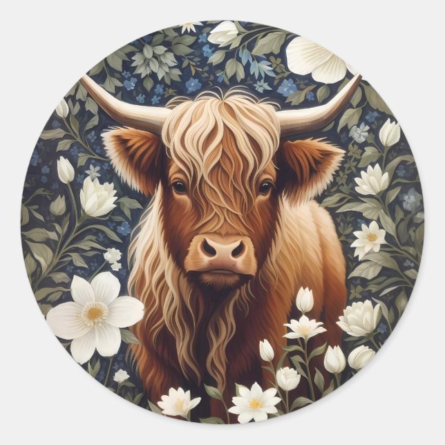 Highland Cow Elegant White Floral Classic Round Sticker (Front)