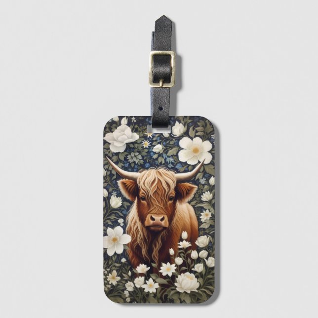 Highland Cow Elegant White Floral Luggage Tag (Front Vertical)