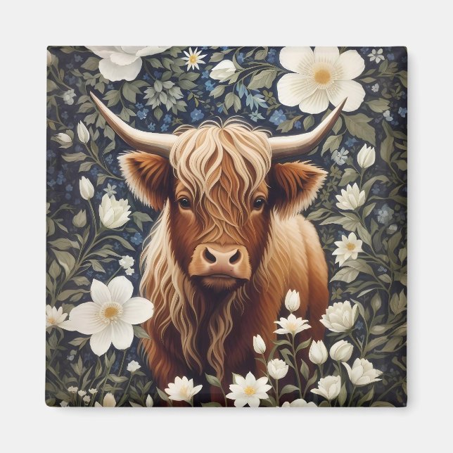 Highland Cow Elegant White Floral Magnet (Front)