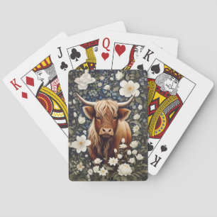 Highland Cow Elegant White Floral Playing Cards