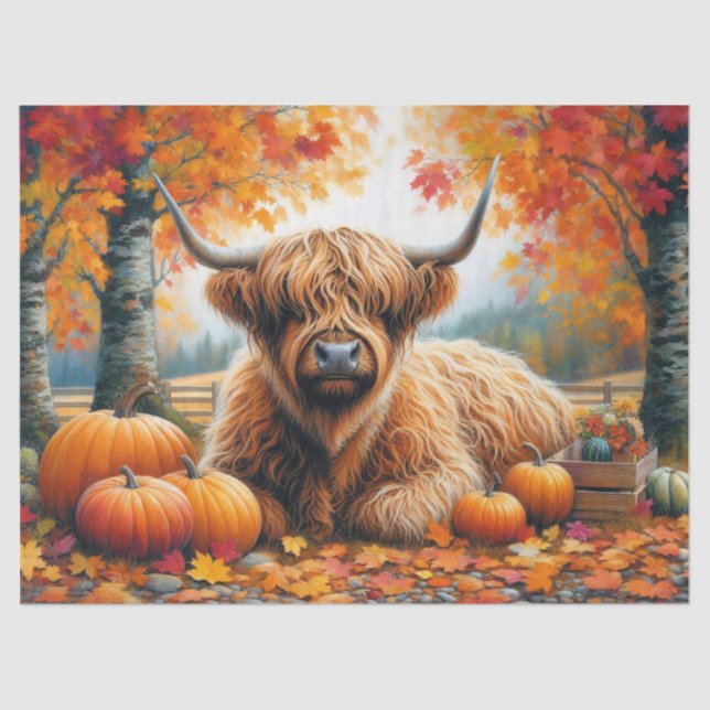 Highland Cow Fall Pumpkins Watercolor Decoupage Tissue Paper (Front)