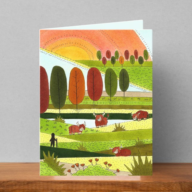Highland Cow Fields in Autumn Drawing Blank Card (Creator Uploaded)