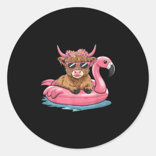 Highland Cow Flamingo Floatie Christmas In July Su Classic Round Sticker