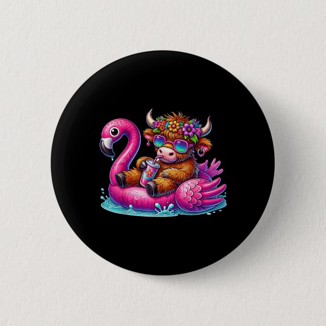 Highland Cow Flamingo ol Float Summer Hawaii Beach 2 Inch Round Button (Front)