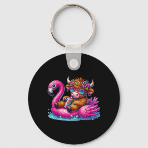 Highland Cow Flamingo ol Float Summer Hawaii Beach Keychain