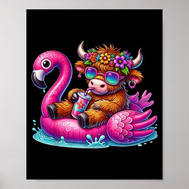 Highland Cow Flamingo ol Float Summer Hawaii Beach Poster (Front)