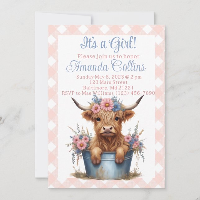 Highland cow floral baby shower invitation (Front)