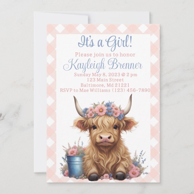 Highland cow floral baby shower invitation (Front)