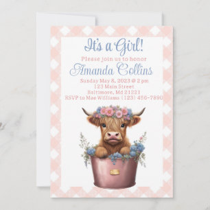 Highland cow floral baby shower invitation