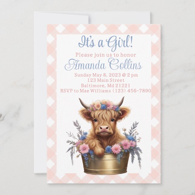 Highland cow floral baby shower invitation (Front)
