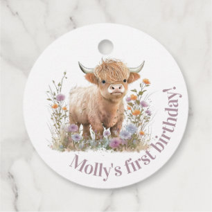 Highland cow floral boho birthday favour tags