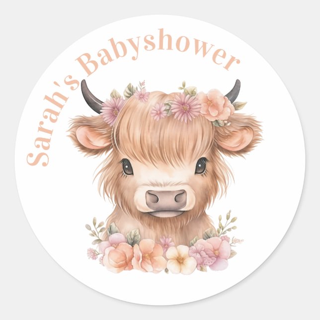 Highland cow floral boho party favour sticker (Front)