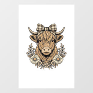 Highland Cow Floral Bow Vintage Engraving Design_1 Window Cling