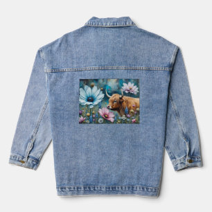 Highland Cow Floral Colorful Cosmos Tapestry Denim Jacket