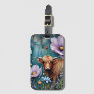 Highland Cow Floral Colorful Cosmos Tapestry II Luggage Tag