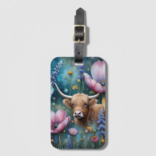 Highland Cow Floral Colorful Cosmos Tapestry II Luggage Tag