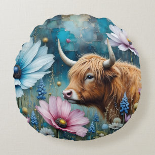 Highland Cow Floral Colorful Cosmos Tapestry II Round Pillow