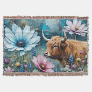 Highland Cow Floral Colorful Cosmos Tapestry II Throw Blanket