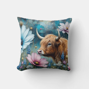 Highland Cow Floral Colorful Cosmos Tapestry II Throw Pillow