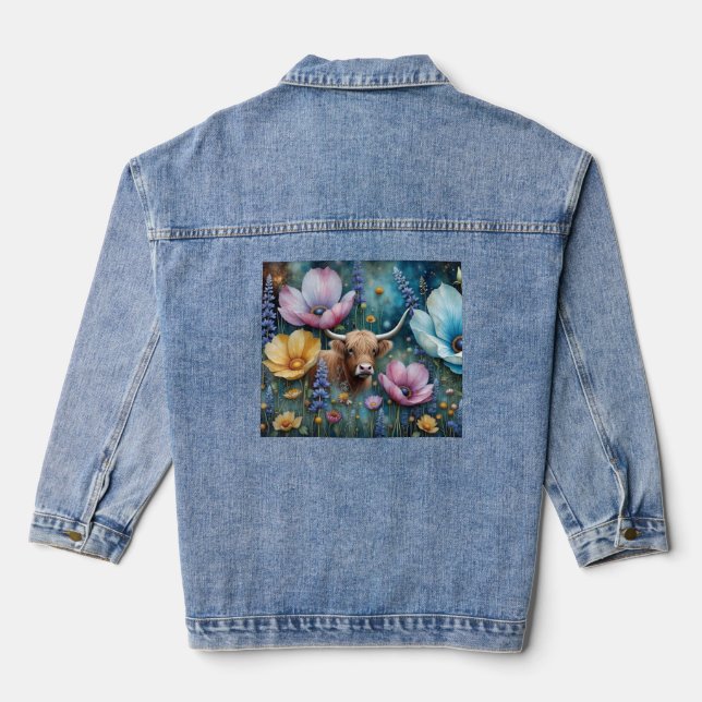 Highland Cow Floral Colourful Cosmos  Denim Jacket (Back)