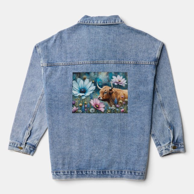 Highland Cow Floral Colourful Cosmos Tapestry Denim Jacket (Back)