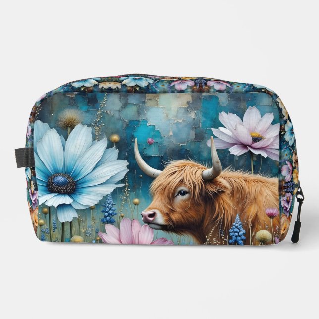 Highland Cow Floral Colourful Cosmos Tapestry Dopp Kit (Front)