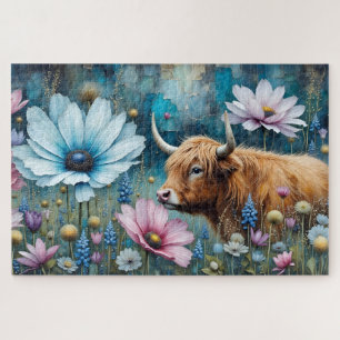 Highland Cow Floral Colourful Cosmos Tapestry II Jigsaw Puzzle