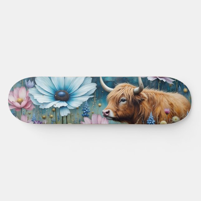 Highland Cow Floral Colourful Cosmos Tapestry II Skateboard (Horz)