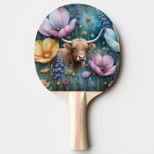 Highland Cow Floral Colourful Cosmos Tapestry III Ping Pong Paddle