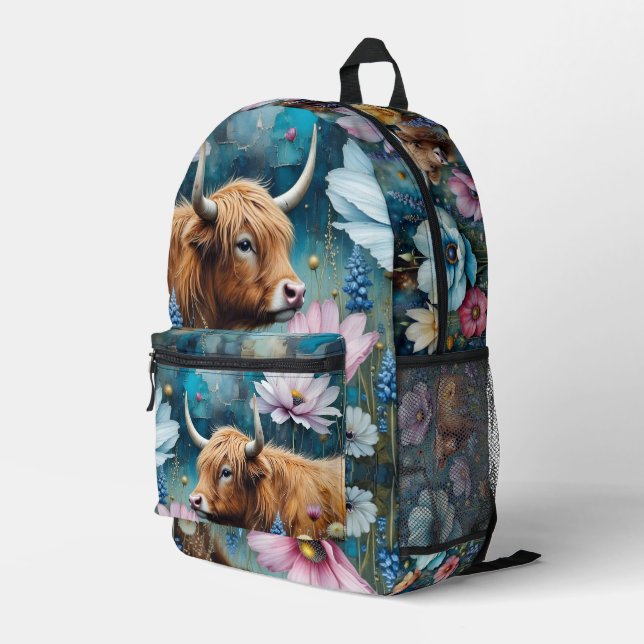 Highland Cow Floral Colourful Cosmos Tapestry Printed Backpack (Back Corner Right)