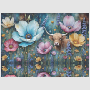 Highland cow Floral Colourful Cosmos Tapestry Tissue Paper