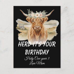 Highland Cow Floral Crown Birthday Greeting Postcard