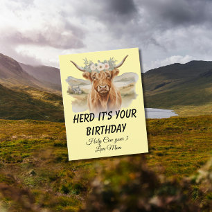 Highland Cow Floral Crown Birthday Greeting Postcard