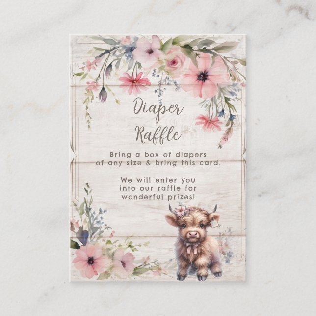 Highland Cow Floral Cute Adorable Diaper Raffle Enclosure Card (Front)