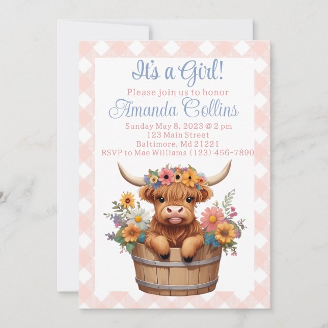 Highland cow floral rustic baby shower invitation (Front)