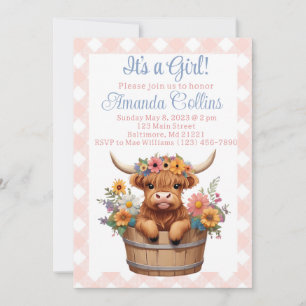 Highland cow floral rustic baby shower invitation