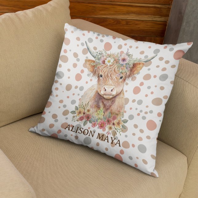 Highland Cow Floral Watercolor Natural Colour  Throw Pillow (Creator Uploaded)