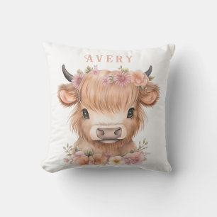 Highland cow floral watercolor throw pillow