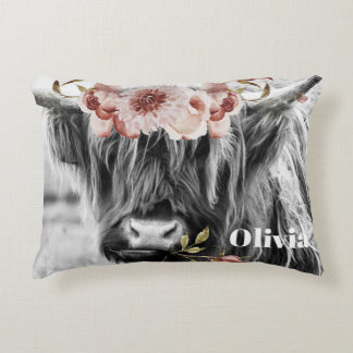 Highland Cow Floral | Western Cowgirl Kids Name Accent Pillow