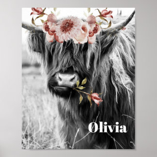 Highland Cow Floral | Western Cowgirl Kids Name Poster