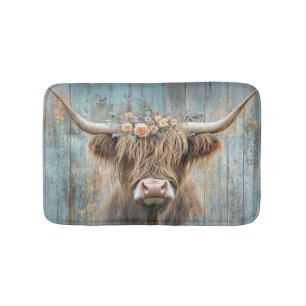 Highland Cow Floral Wreath Blue Farmhouse Scene Bath Mat