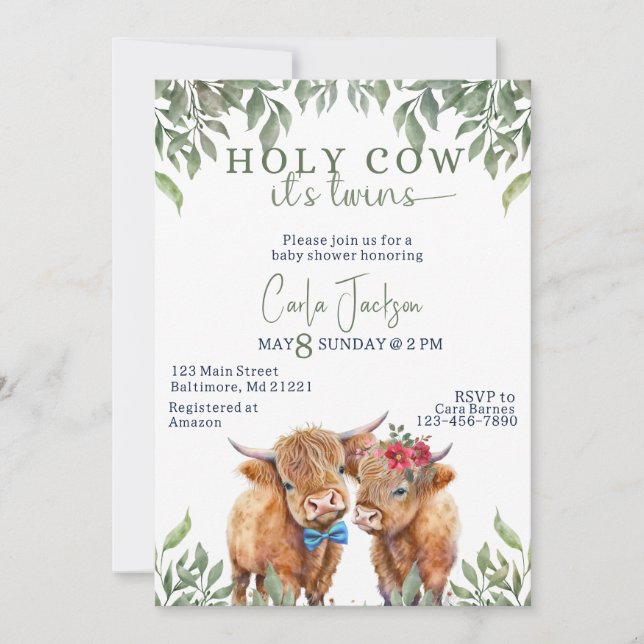  highland cow greenery twins baby shower invitation (Front)