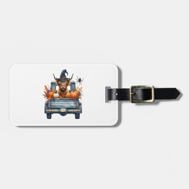 Highland Cow Halloween Fall Luggage Tag (Front Horizontal)
