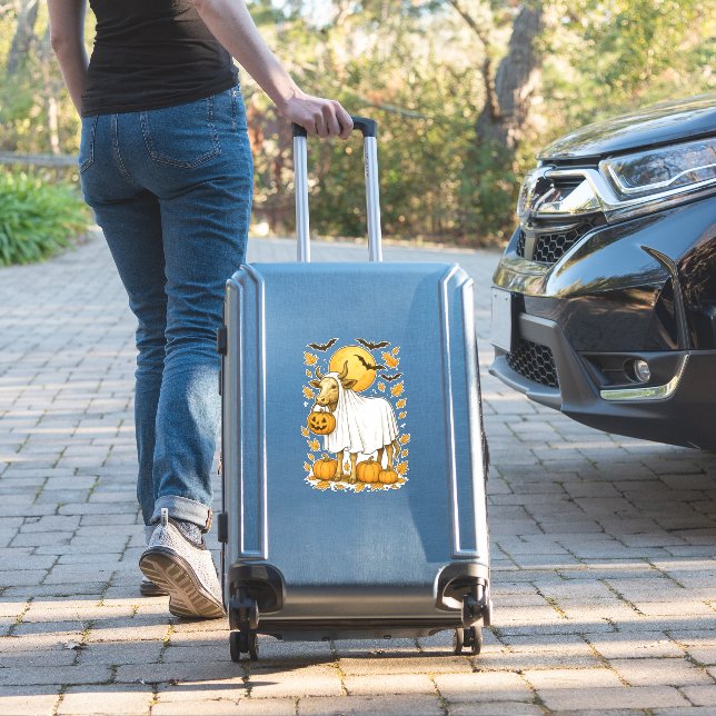 Highland Cow Halloween in Ghost Costume (Suitcase Insitu)