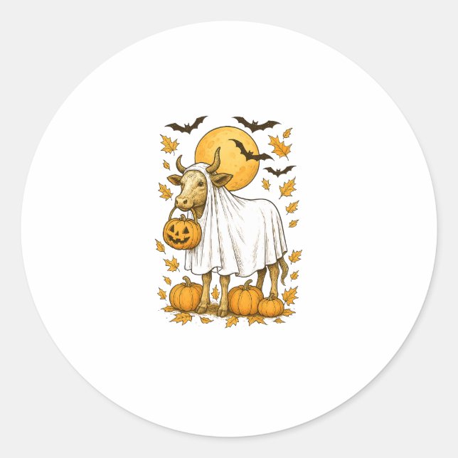 Highland Cow Halloween in Ghost Costume Classic Round Sticker (Front)