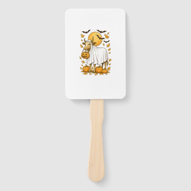 Highland Cow Halloween in Ghost Costume Hand Fan (Front)
