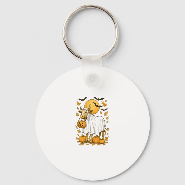 Highland Cow Halloween in Ghost Costume Keychain (Front)