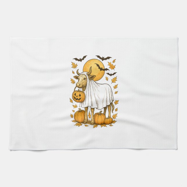 Highland Cow Halloween in Ghost Costume Kitchen Towel (Horizontal)