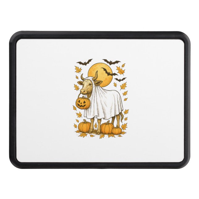 Highland Cow Halloween in Ghost Costume Trailer Hitch Cover (Front)