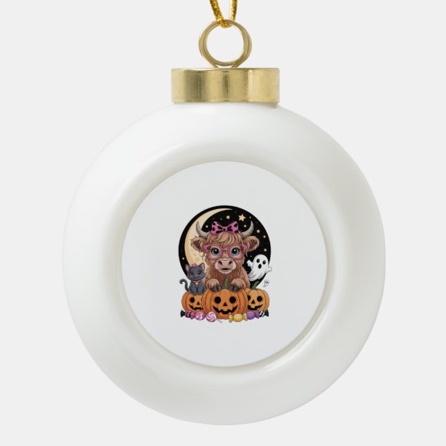 Highland Cow Halloween Spooky Season Ceramic Ball Christmas Ornament (Front)